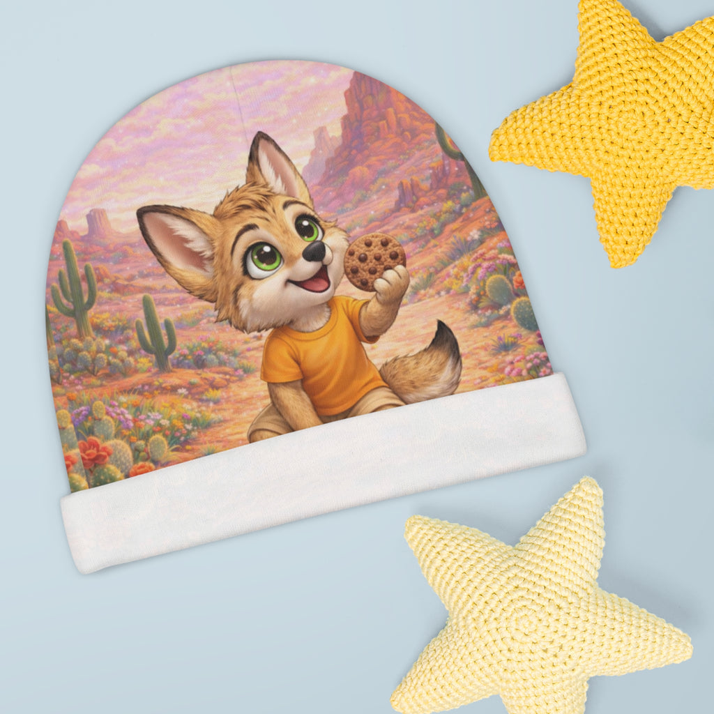 Cute Tuwi Coyote Baby Beanie – Cookie-Loving Pup Print