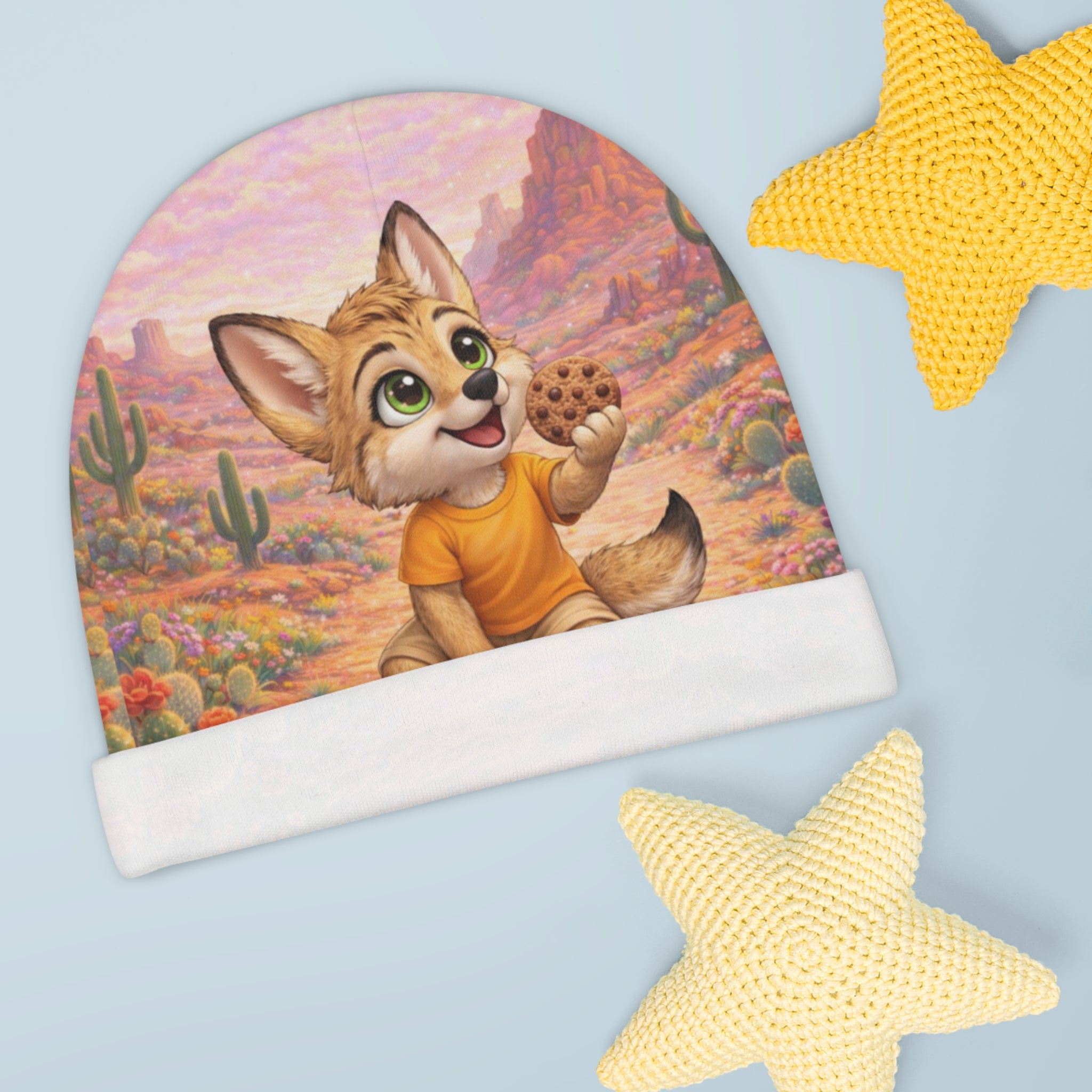Cute Tuwi Coyote Baby Beanie – Cookie-Loving Pup Print