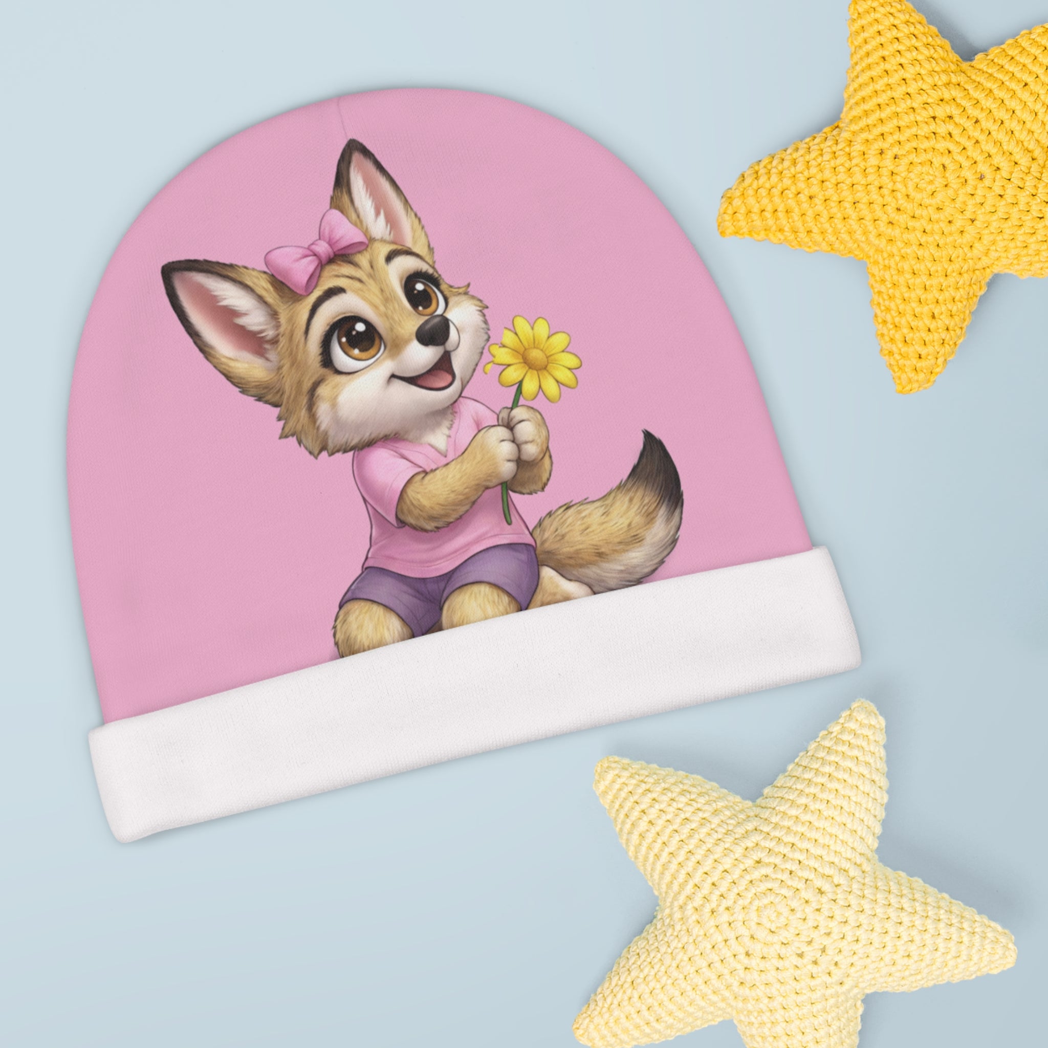 Baby Beanie — Cute Coyote Puppy named Leila  Holding Flower On Pink Infant Hat