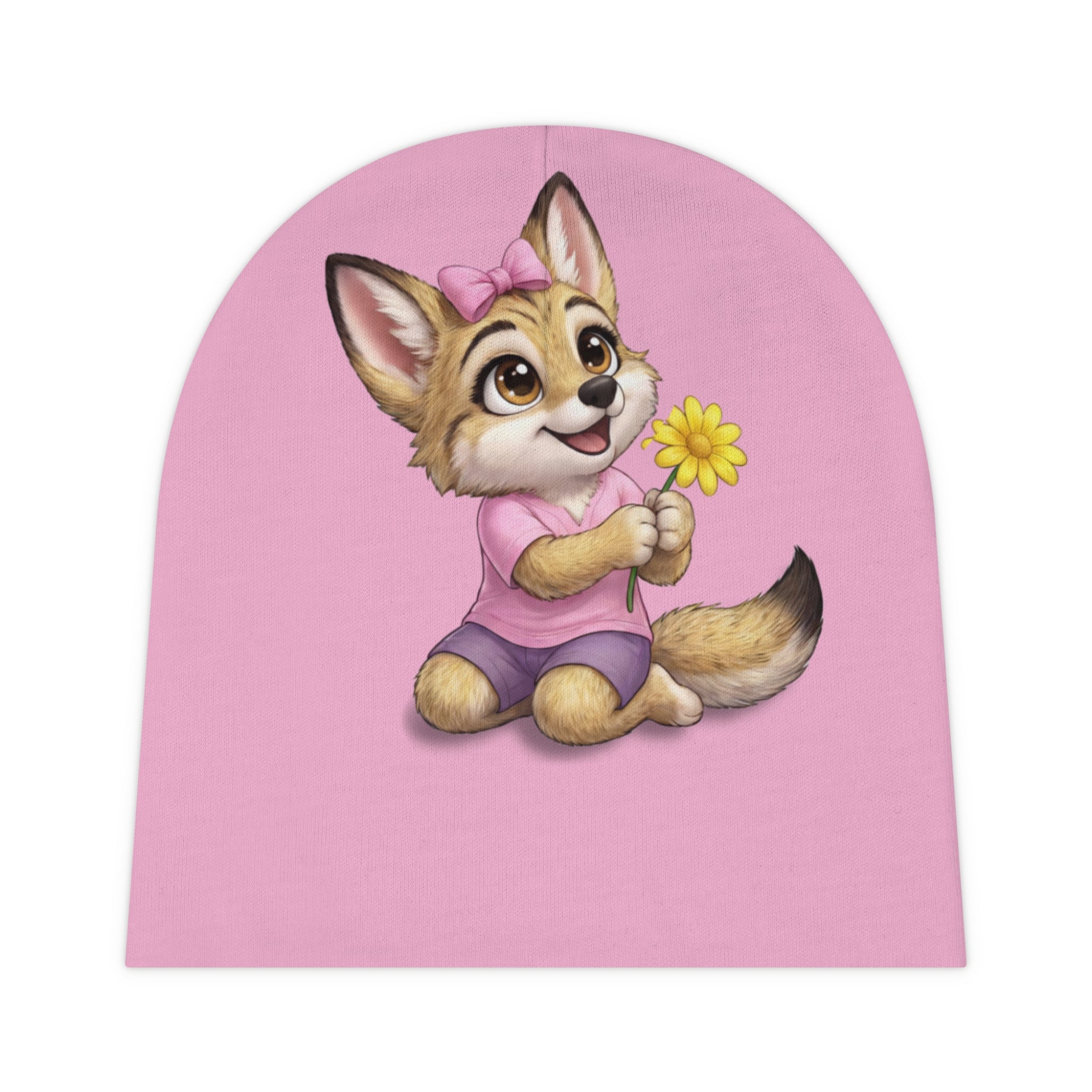 Baby Beanie — Cute Coyote Puppy named Leila  Holding Flower On Pink Infant Hat