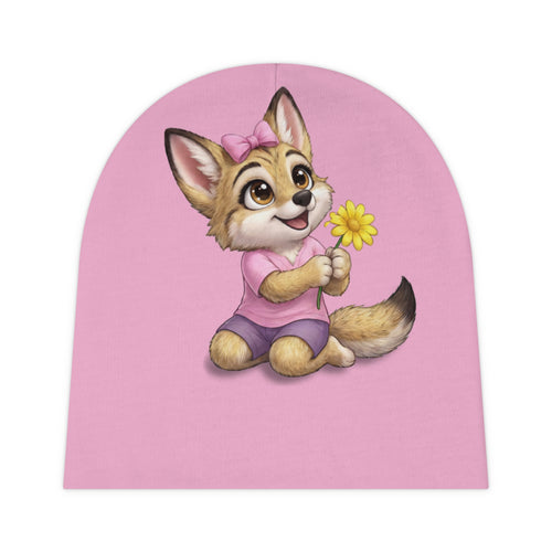 Baby Beanie — Cute Coyote Puppy named Leila  Holding Flower On Pink Infant Hat