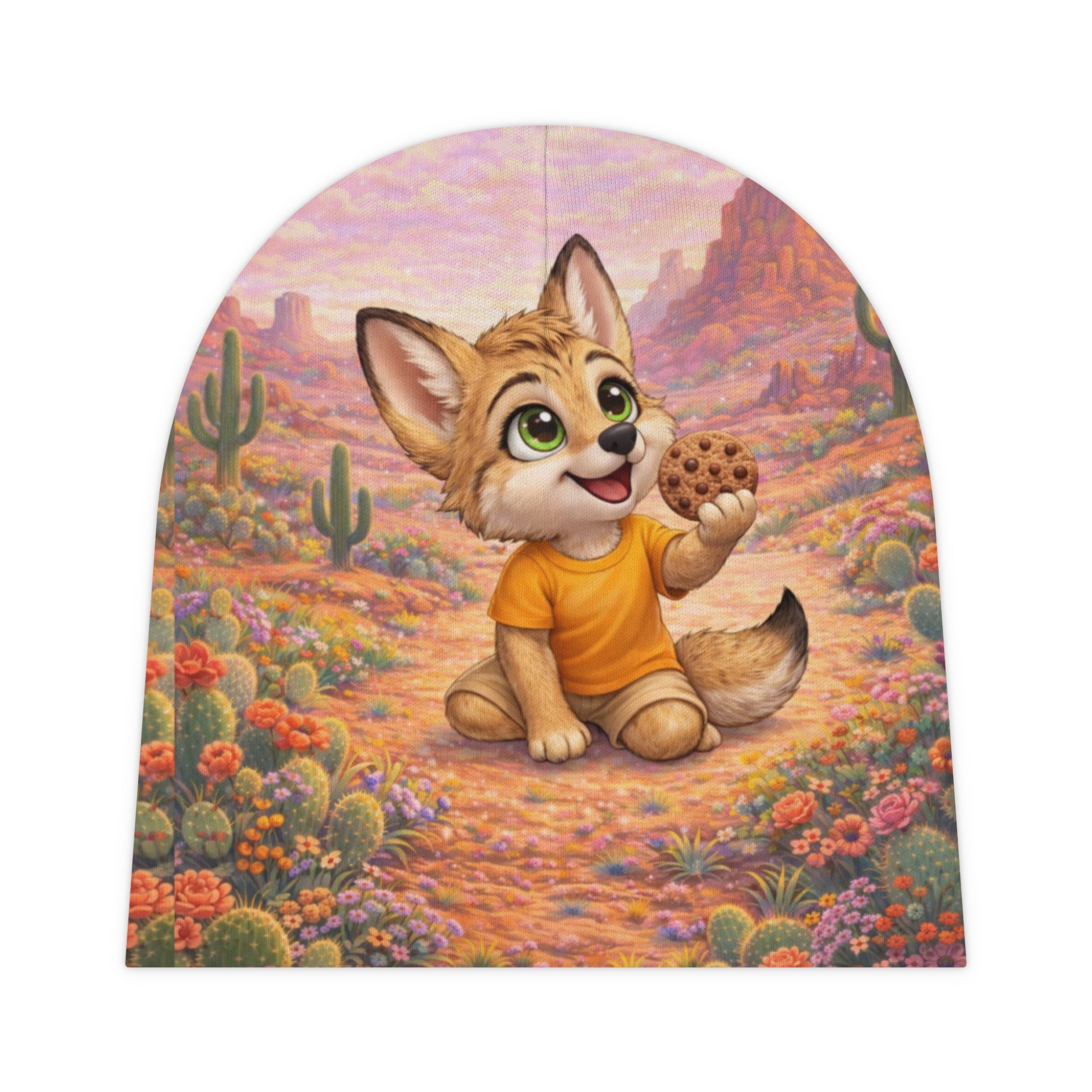 Cute Tuwi Coyote Baby Beanie – Cookie-Loving Pup Print