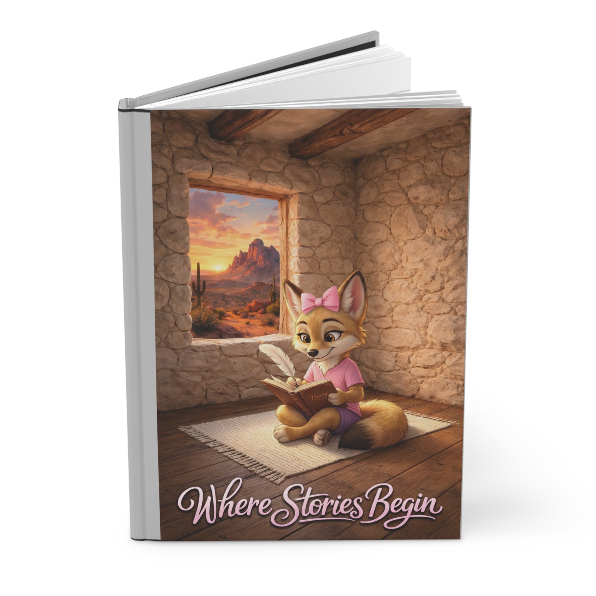 Coyote Story Hardcover Journal — "Where Stories Begin" Leila Coyote Writing in Her Diary