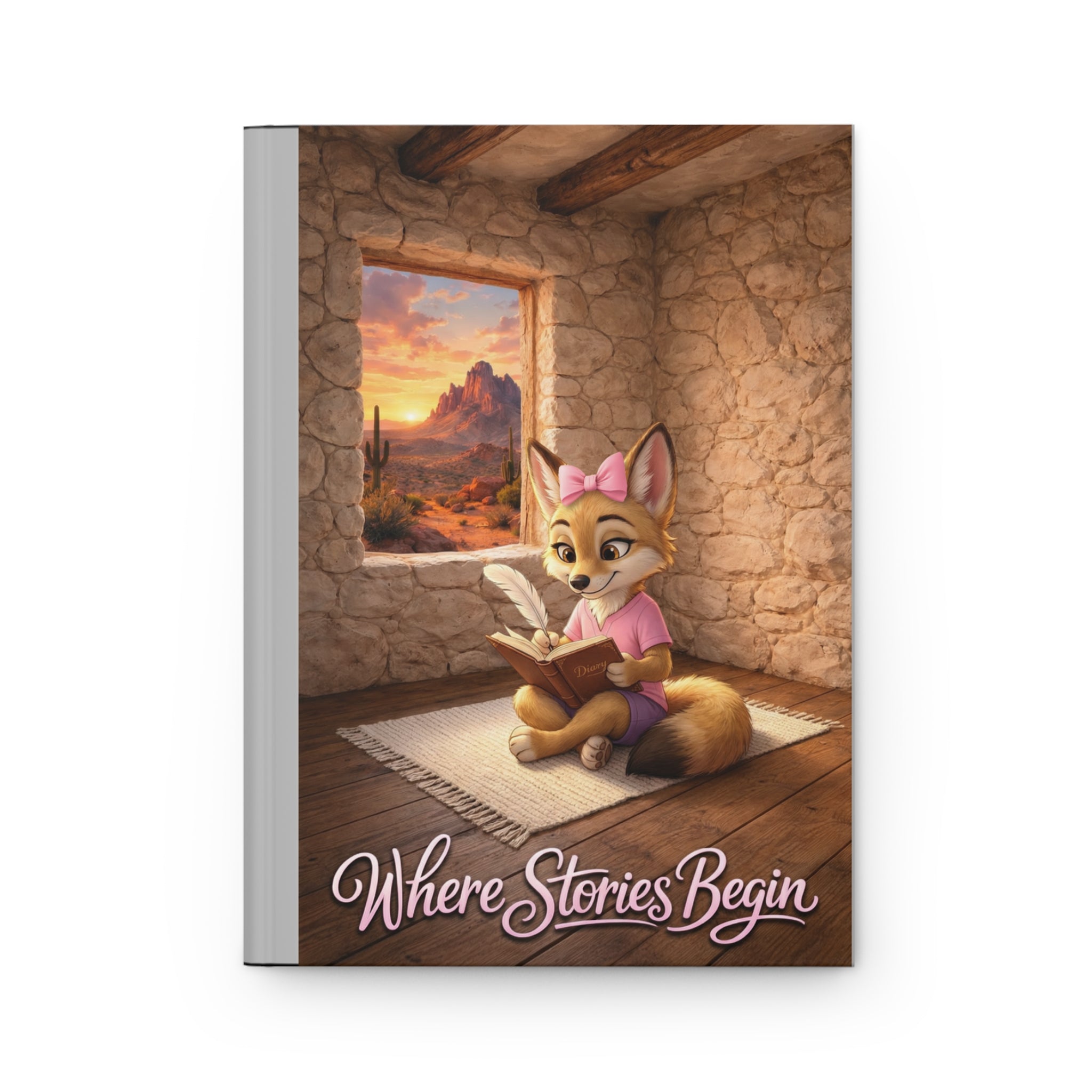 Coyote Story Hardcover Journal — "Where Stories Begin" Leila Coyote Writing in Her Diary