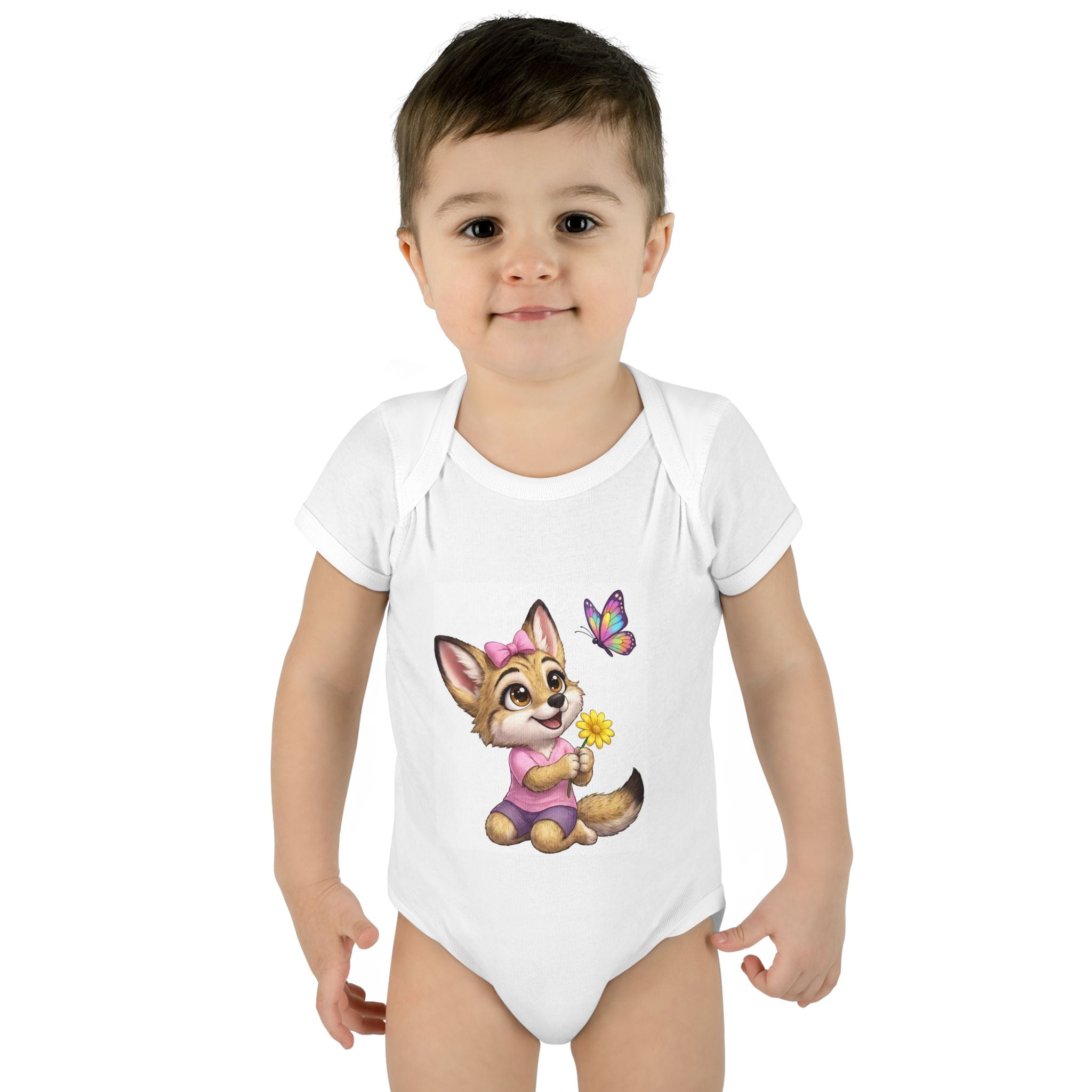 Baby Bodysuit — Baby Leila Coyote with Butterfly & Flower Infant Onesie