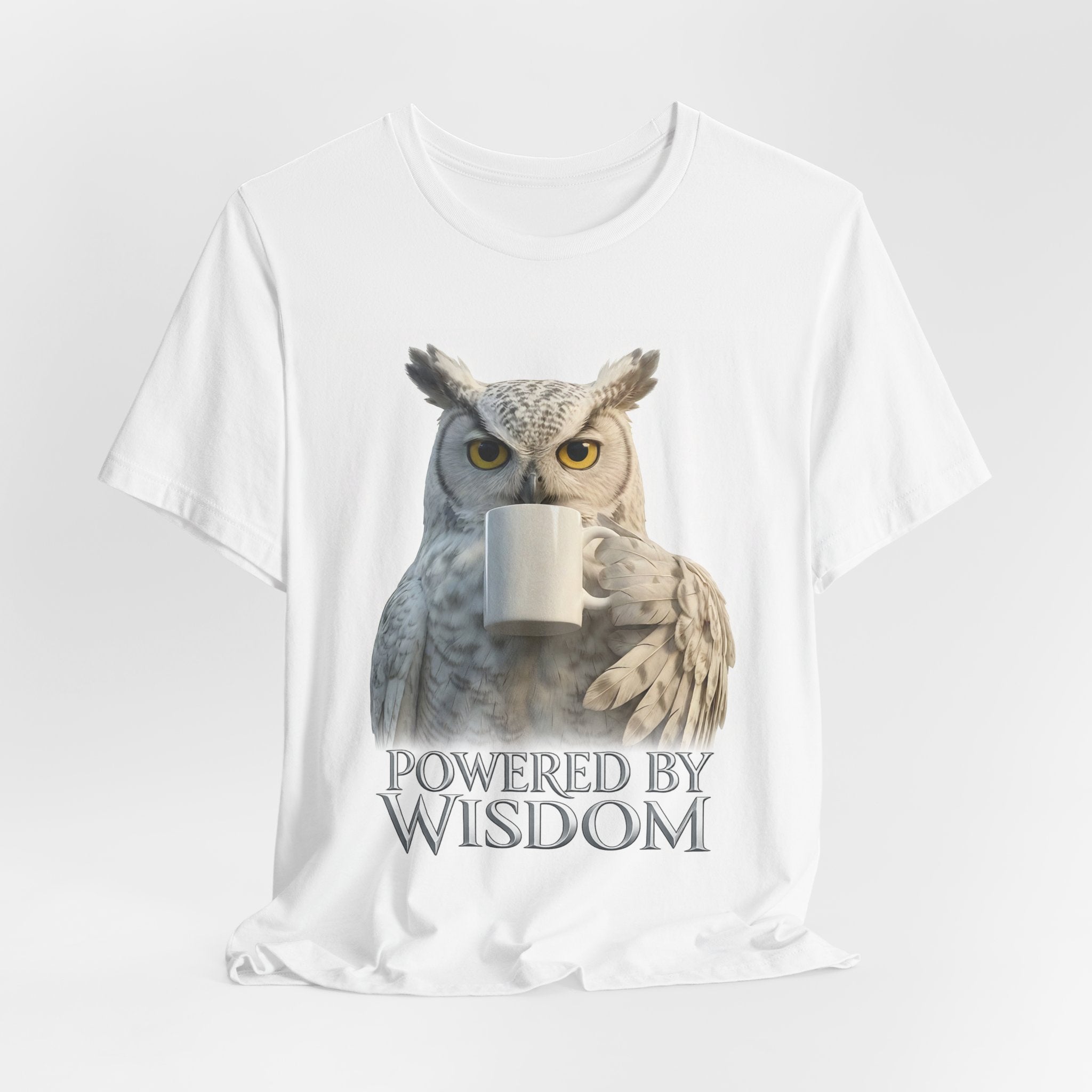 Owl 'Powered by Wisdom' Tee — Coffee-Loving Owl Graphic T-Shirt