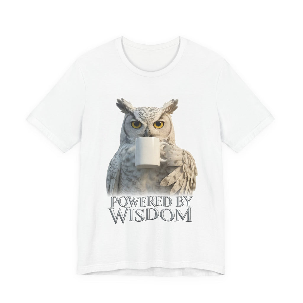 Owl 'Powered by Wisdom' Tee — Coffee-Loving Owl Graphic T-Shirt