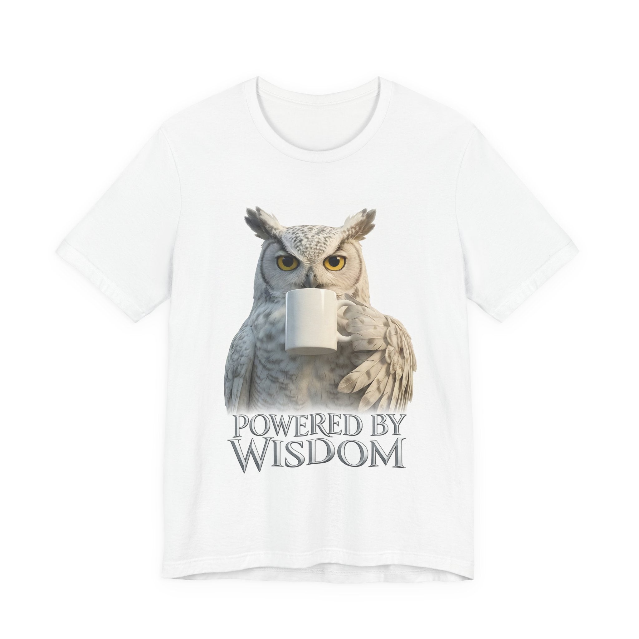 Owl 'Powered by Wisdom' Tee — Coffee-Loving Owl Graphic T-Shirt